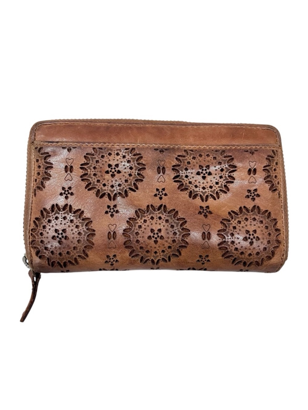 Vintage Boho Genuine Leather Laser Cut Medallion Mandala Zip Around Wallet